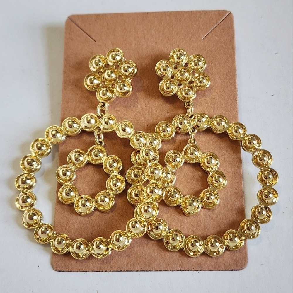 Ornate Gold-Tone Circle Hoop Drop Earrings
